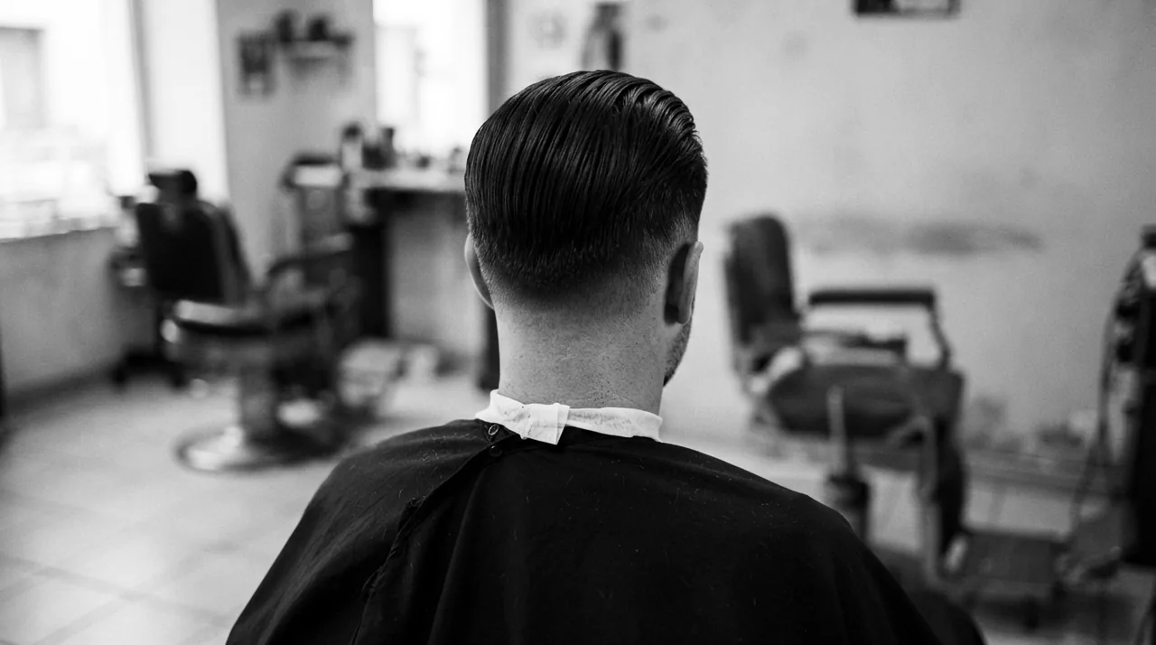Nuque d'un homme vue de dos après un dégradé fondu, cheveux épais coiffés en arrière