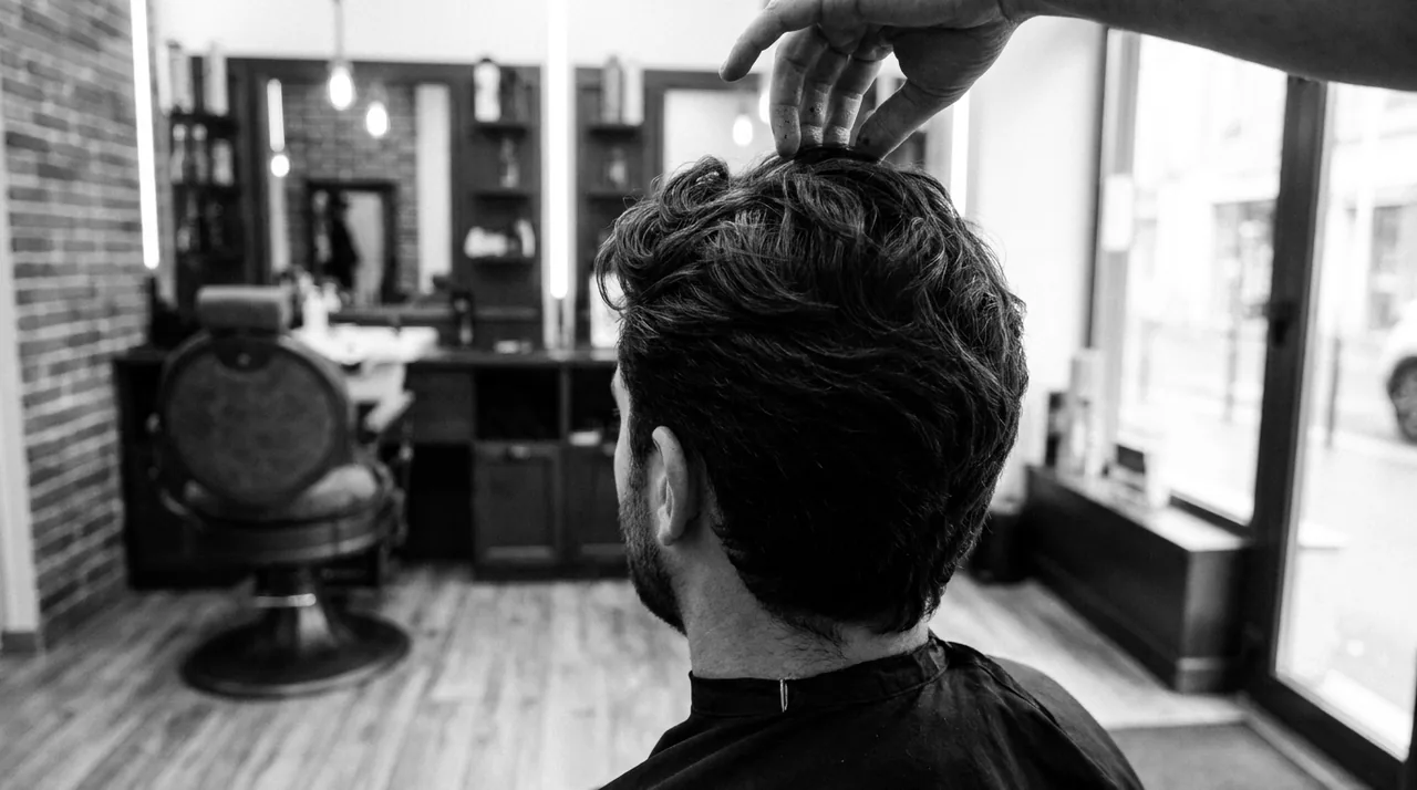 Doigts d'un barbier travaillant une pâte coiffante dans des cheveux ondulés, vus de dos