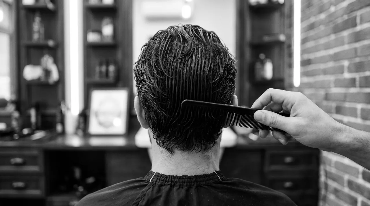 Peigne à dents larges passé dans des cheveux ondulés mouillés, vus de dos