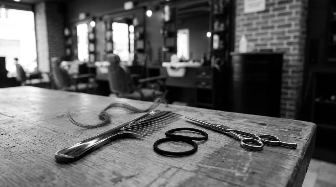 Peigne à dents larges, élastiques gainés de tissu et ciseaux posés sur un comptoir en bois