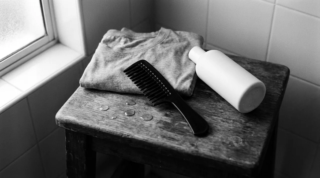 Peigne à dents larges, t-shirt plié et flacon blanc sur un tabouret de bain