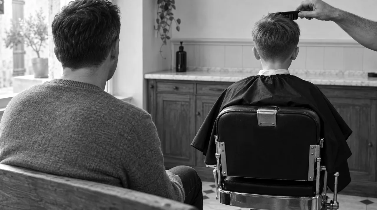 Garçon d'environ huit ans vu de dos au fauteuil du barbier, pendant que son père, de dos lui aussi, attend assis sur le banc