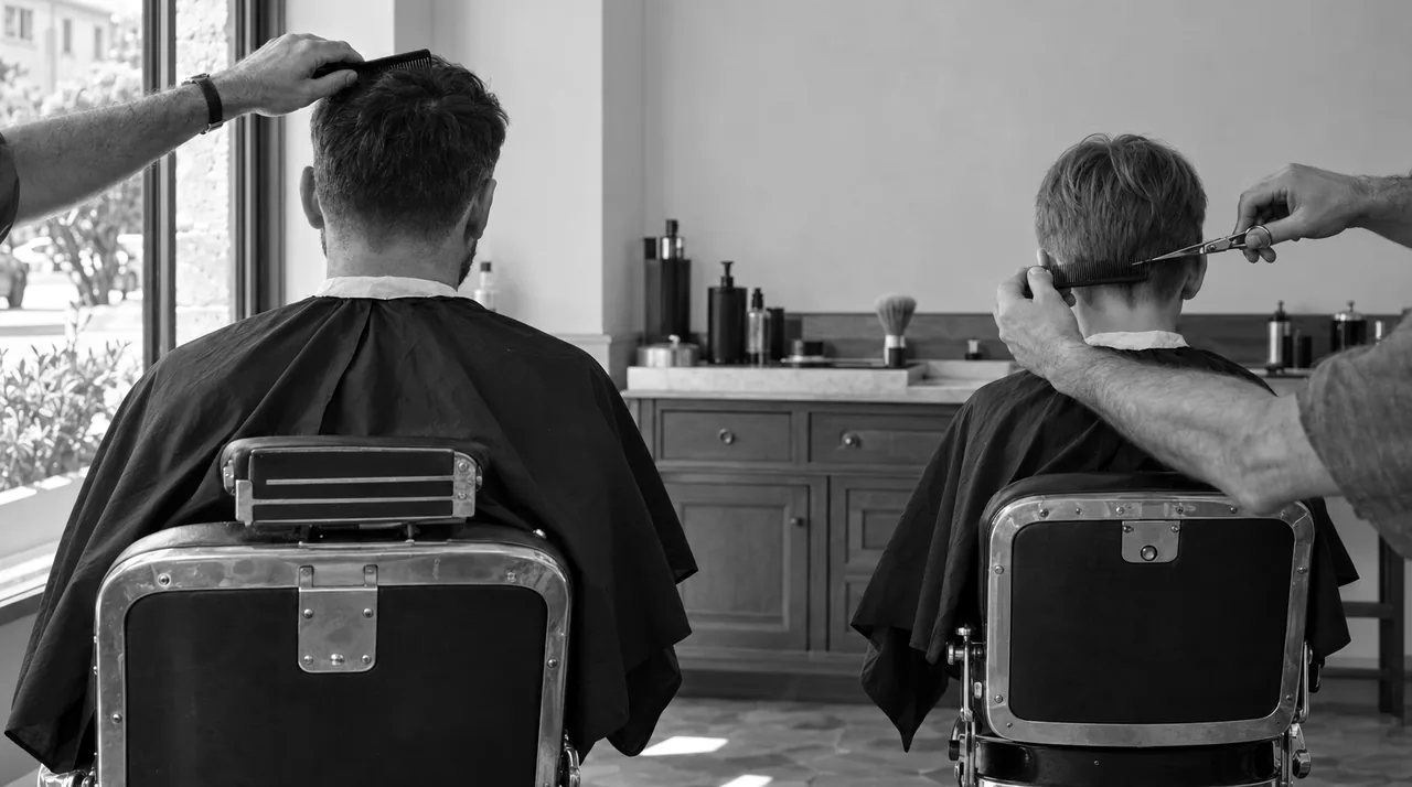 Un homme et un garçon d'environ dix ans vus de dos, assis dans deux fauteuils de barbier voisins, pendant leurs coupes
