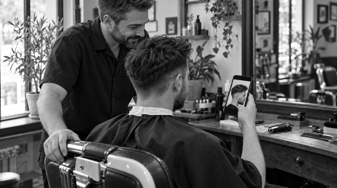 Client assis au fauteuil, cheveux secs, qui montre sur son téléphone la photo de la coupe voulue au barbier penché vers lui, souriant