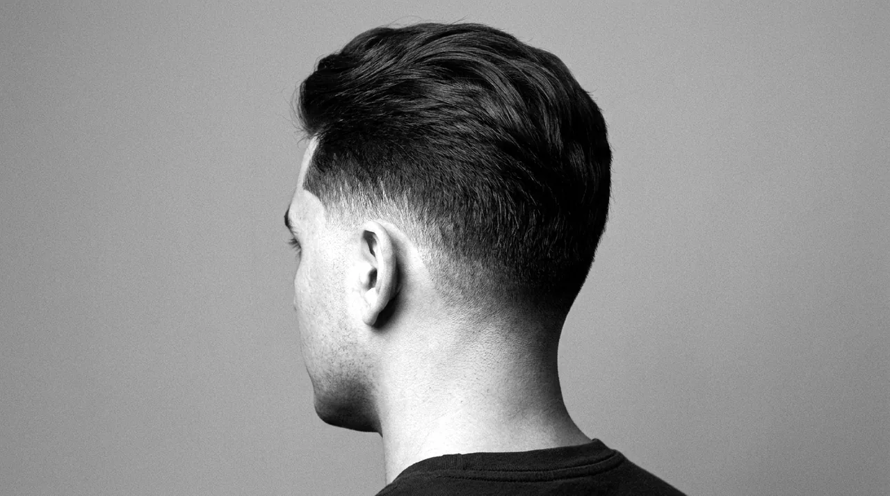 Photo nette d'une coupe homme vue de côté, de trois-quarts dos : dégradé qui démarre au-dessus de l'oreille