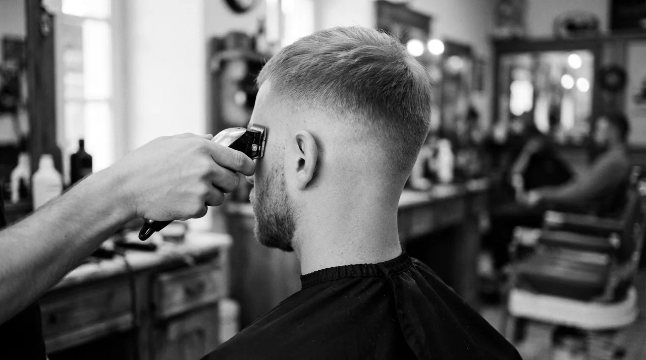 Vue de dos par-dessus l'épaule : la main du barbier passe la tondeuse sur la tempe, la patte rase se fond dans une barbe blonde courte