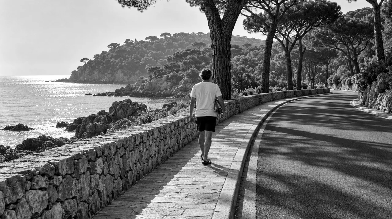 Route du bord de mer bordée de pins parasols, un homme marche vers un cap rocheux