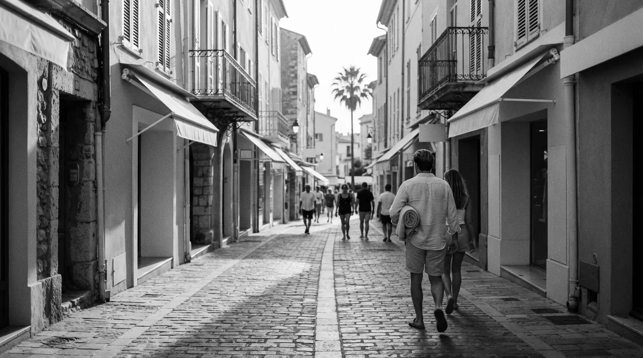 Rue piétonne commerçante d'une ville du bord de mer en fin d'après-midi, façades provençales, passants de dos et palmier au bout