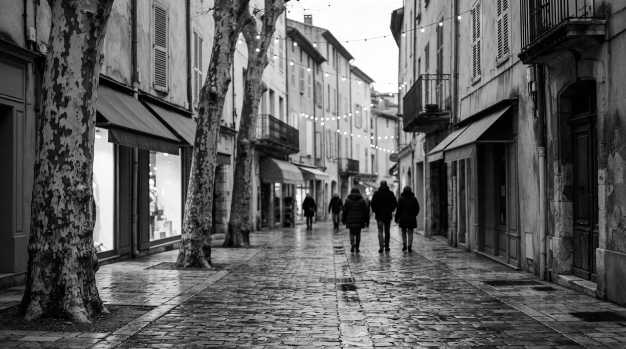 Rue piétonne d'une petite ville du Var en décembre, au crépuscule : platanes nus, guirlandes lumineuses, quelques passants vus de dos