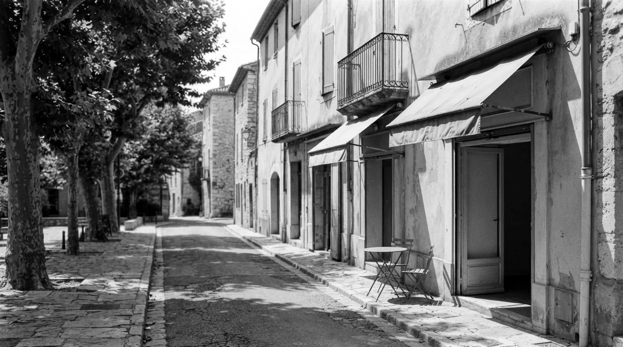 Rue calme d'une petite ville du Var à midi, platanes, auvents de boutiques sans inscription