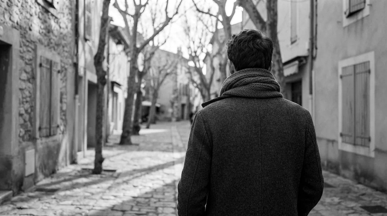 Homme vu de dos, manteau et écharpe, marchant dans une ruelle pavée de village provençal en hiver, platanes sans feuilles