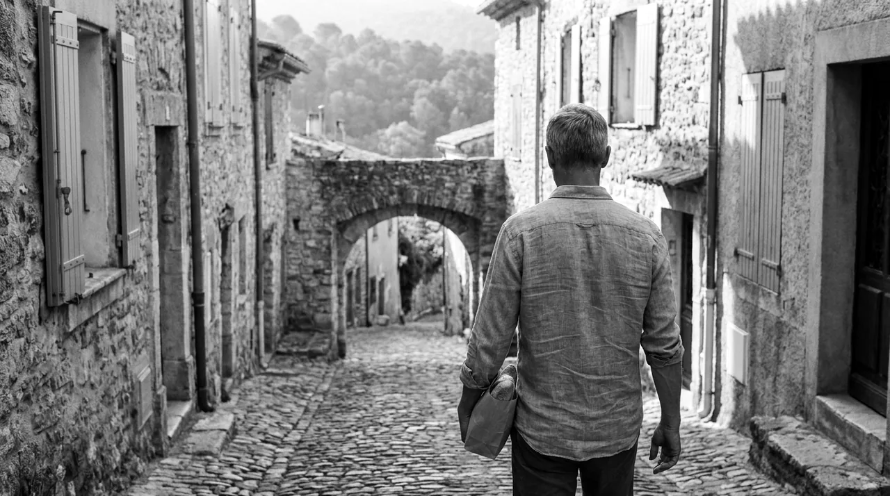 Ruelle pavée en pente dans un village perché du Var, un homme de dos qui remonte la rue
