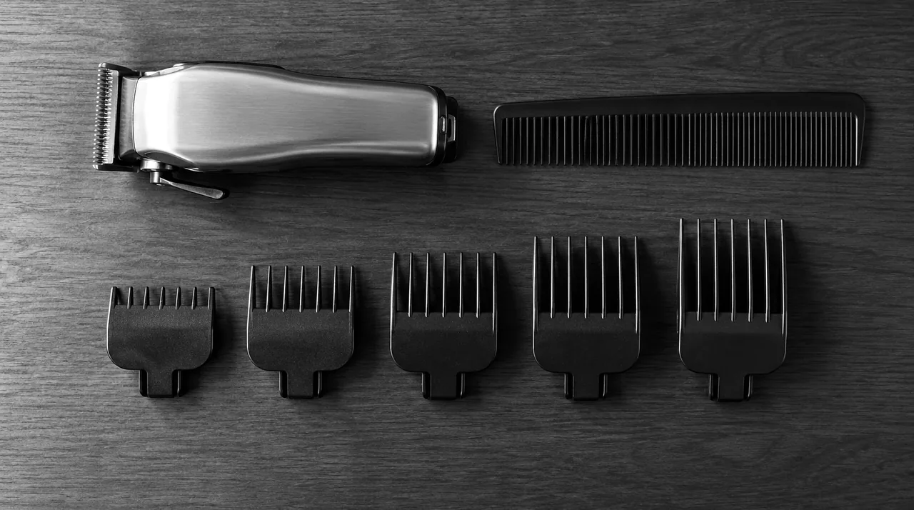 Cinq sabots de tondeuse alignés du plus court au plus long sur un plan de travail propre, sous une tondeuse et un peigne