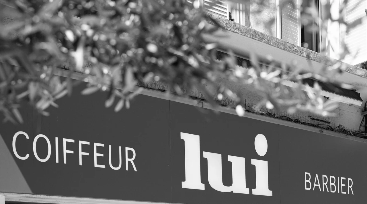 Enseigne « coiffeur lui barbier » d'un salon Lui Coiffeur, vue à travers des branches d'olivier