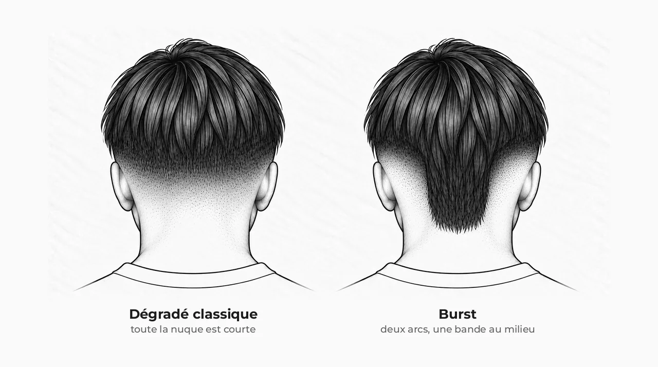Schéma de deux têtes vues de dos : à gauche, un dégradé classique avec toute la nuque courte ; à droite, un burst avec deux arcs courts autour des oreilles et une bande de cheveux plus longs au milieu de la nuque