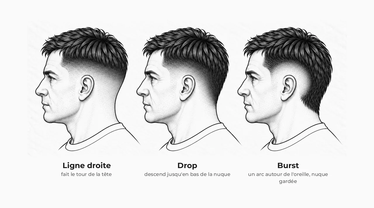 Schéma de trois têtes vues de côté avec le même dégradé : en ligne droite autour de la tête, en drop qui descend jusqu'au bas de la nuque, et en burst qui s'arrondit autour de l'oreille et laisse la nuque longue