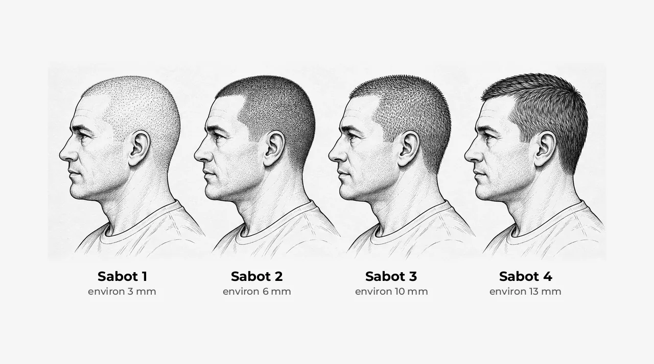 Schéma de quatre têtes d'homme vues de côté, tondues à une seule longueur : au sabot 1 la peau se devine, au 2 un tapis serré, au 3 le cheveu se tient, au 4 il commence à se coucher