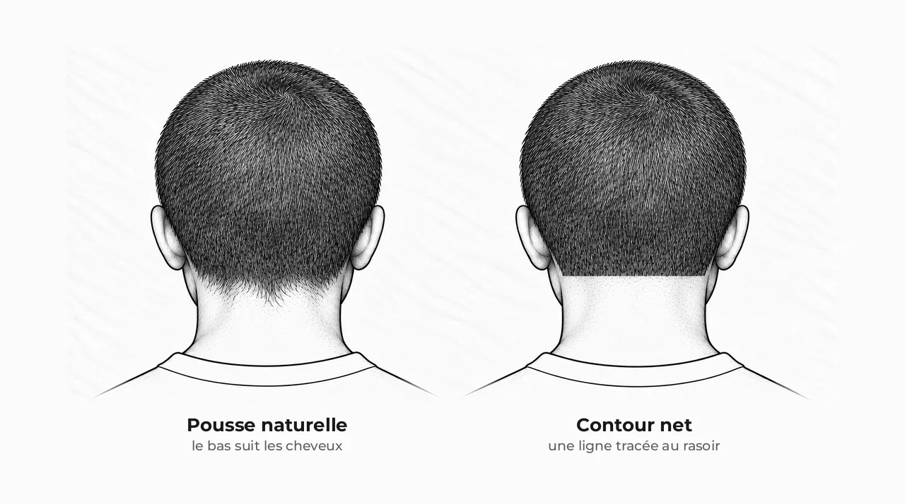Schéma de deux nuques vues de dos avec la même coupe courte : à gauche, le bas des cheveux suit la pousse naturelle ; à droite, il est tracé en une ligne droite et nette
