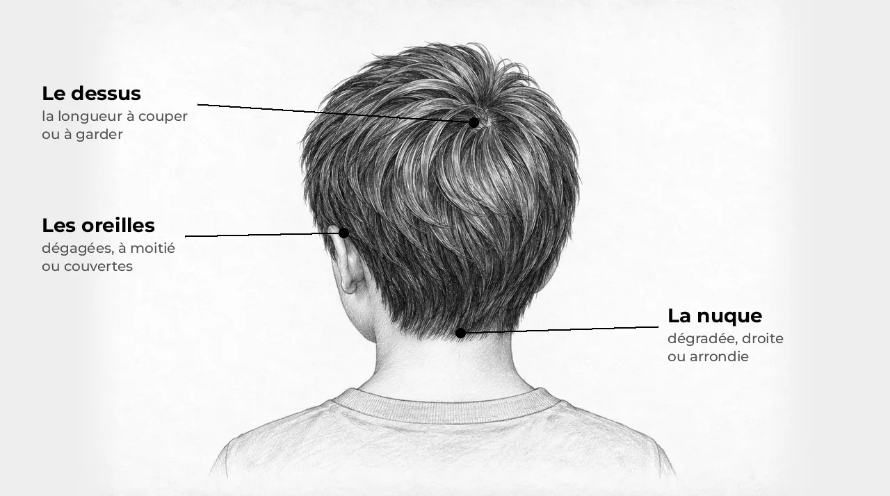 Schéma d'une tête de garçon vue de dos, avec trois repères : le dessus, les oreilles, la nuque