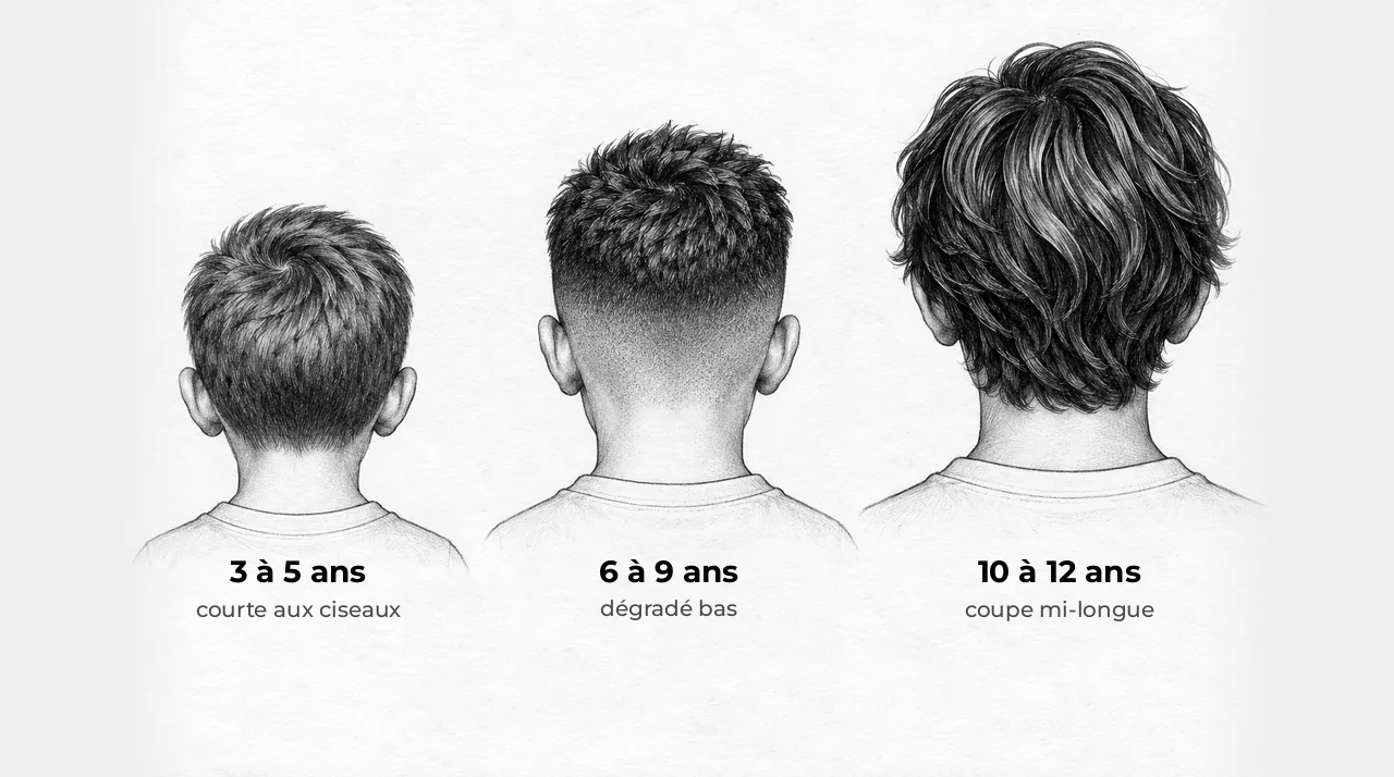 Schéma de trois têtes de garçons vues de dos, de plus en plus grandes : coupe courte aux ciseaux, dégradé bas, coupe mi-longue