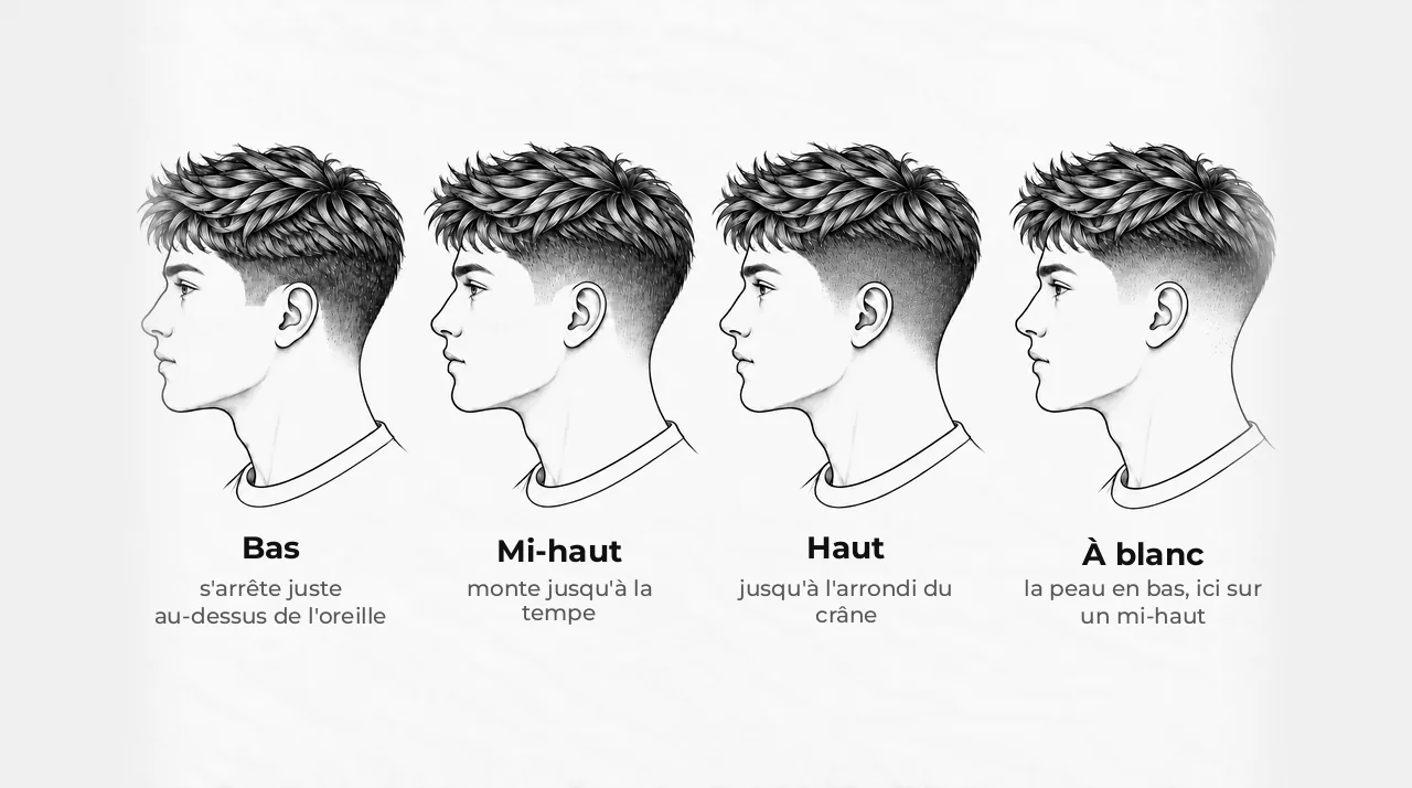 Schéma de quatre têtes vues de côté : dégradé bas arrêté au-dessus de l'oreille, mi-haut à la tempe, haut jusqu'à l'arrondi du crâne, et à blanc avec la peau nue en bas