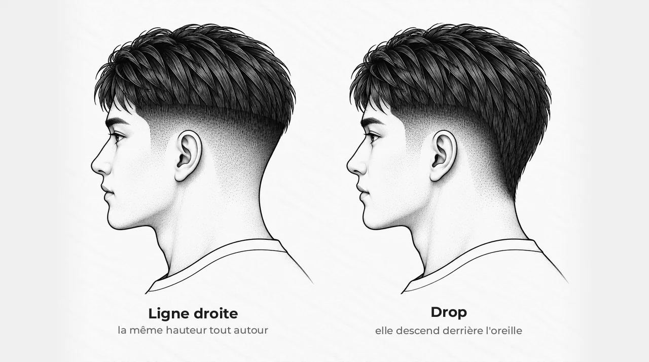 Schéma de deux têtes vues de côté avec le même dégradé : à gauche, la limite de la partie courte fait le tour de la tête à la même hauteur ; à droite, elle descend derrière l'oreille vers la nuque