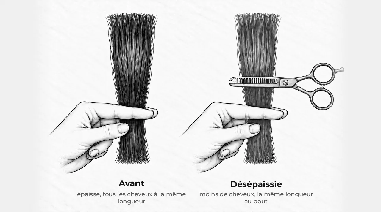 Schéma d'une mèche tenue entre deux doigts : à gauche épaisse, tous les cheveux de la même longueur ; à droite désépaissie, des cheveux coupés plus court à l'intérieur, la même longueur au bout