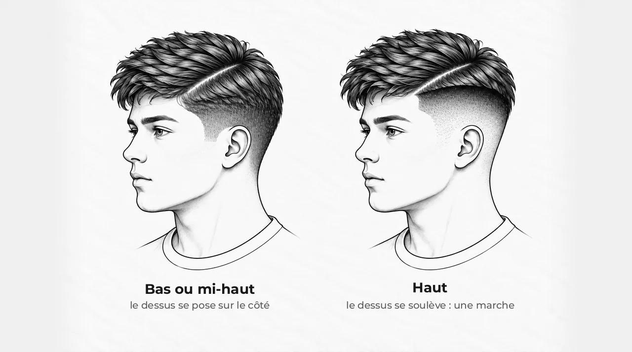 Schéma de deux têtes de trois-quarts avec le dessus coiffé sur le côté : à gauche, un dégradé bas sur lequel le dessus se pose sans rupture ; à droite, un dégradé haut sous lequel le dessus se soulève et forme une marche