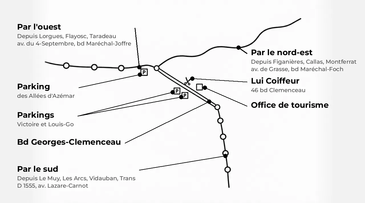 Schéma des trois entrées de Draguignan : par le sud, par l'ouest et par le nord-est, toutes menant au boulevard Clemenceau et au salon