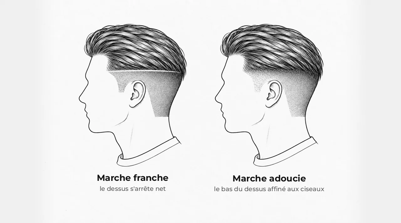 Schéma de deux têtes vues de côté : marche franche, le dessus s'arrête net sur les côtés ; marche adoucie aux ciseaux, le bas du dessus affiné