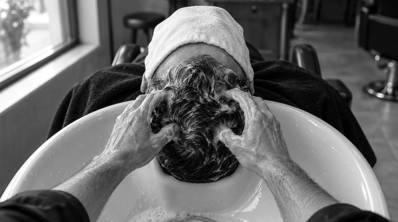 Mains d'un barbier massant le cuir chevelu d'un client pendant le shampoing, au bac de lavage