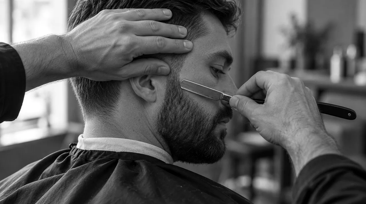 Vue de dos par-dessus l'épaule : le barbier trace au rasoir manuel la ligne de joue d'une barbe brune