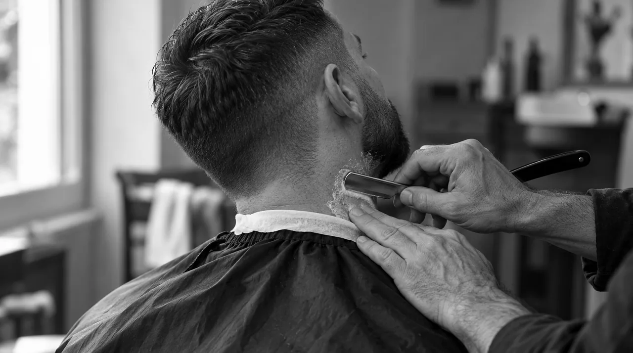 Barbier traçant au rasoir le contour d'une barbe courte, vu par-dessus l'épaule du client