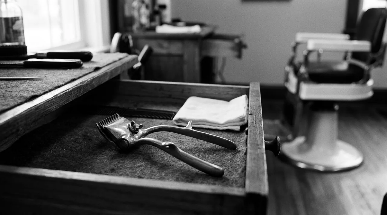 Tondeuse manuelle ancienne à deux poignées, posée dans un tiroir tapissé de feutre
