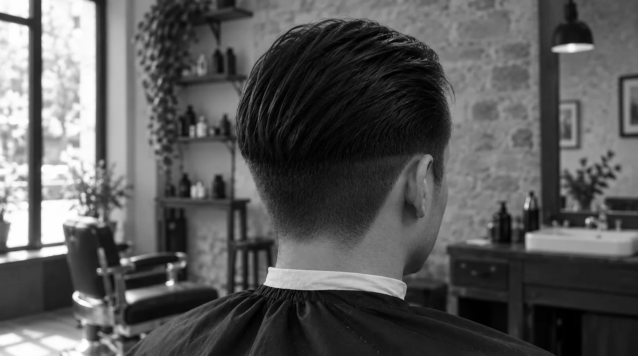 Undercut vu de côté et de dos : dessus long peigné en arrière, côtés tondus courts, marche nette au-dessus de l'oreille