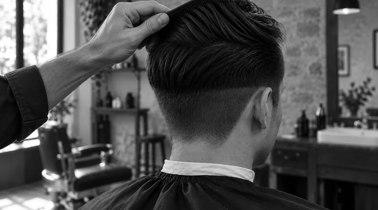 Dessus de l'undercut relevé au peigne par le barbier : on voit la ligne où s'arrête la tondeuse, tout autour de la tête