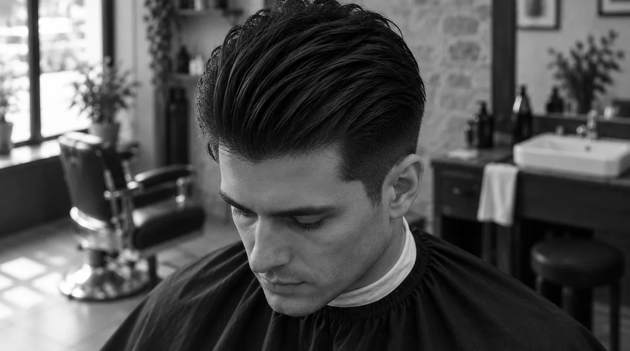 Homme vu de face et d'en haut, tête penchée : le devant de l'undercut peigné en arrière et un côté tondu
