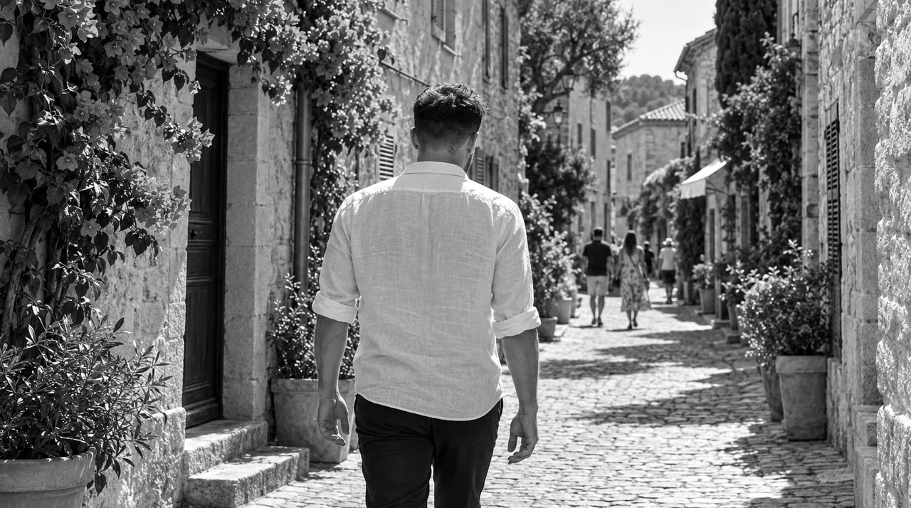 Young man seen from behind in a sunny old-town lane, fresh short haircut with a clean nape