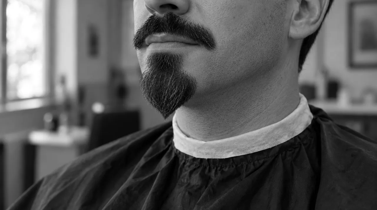 Barbe Van Dyke vue de trois quarts : pointe au menton, moustache séparée par un espace de peau au coin des lèvres