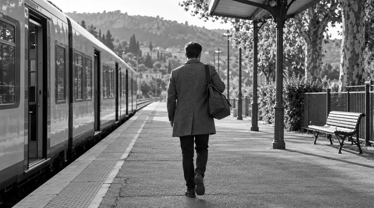 Homme vu de dos sur le quai d'une petite gare de province, un sac de voyage à l'épaule, le train arrêté à côté