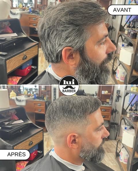 Avant-après : fondu court et barbe taillée sur cheveux poivre et sel